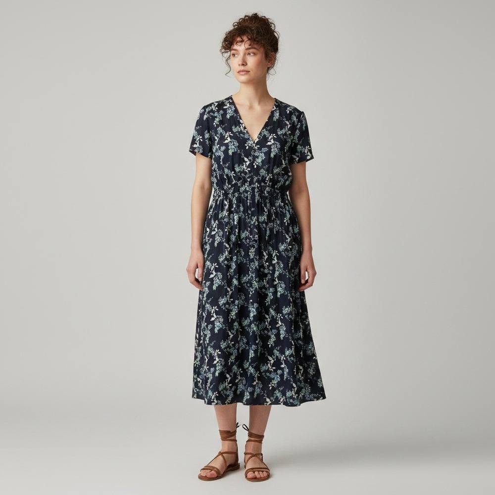 Satin Soft Boho Maxi Midi Dress Cottagecore Prairie Dress 16p Navy Elastic Waist